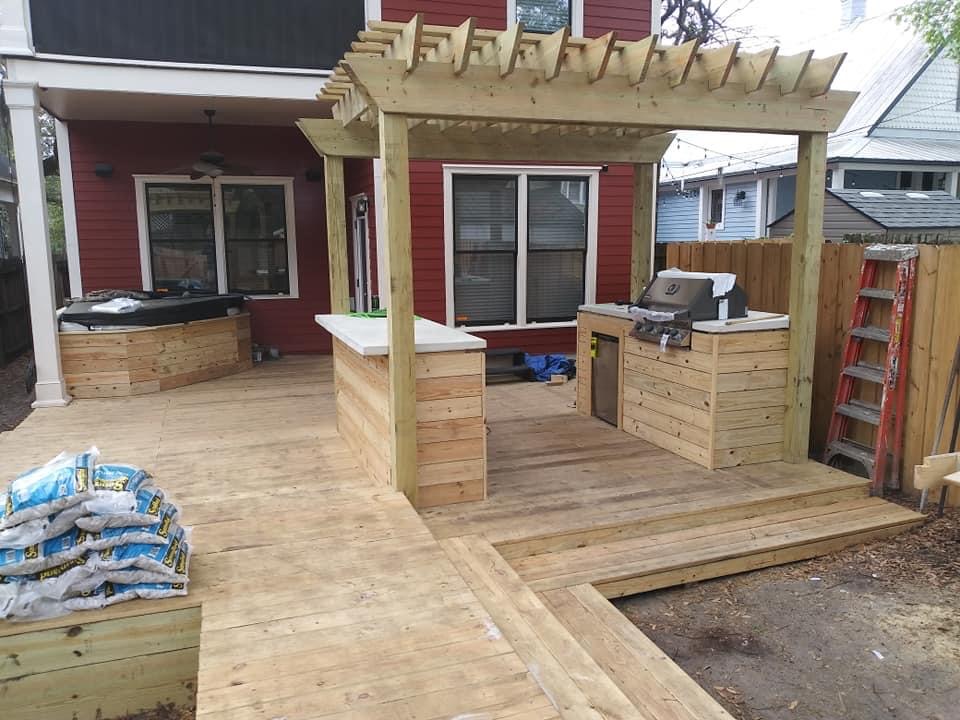 outdoor kitchen on wood deck
